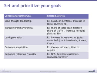 Page 16
© 2013 Marketo, Inc. Marketo Proprietary and Confidential
Set and prioritize your goals
Content Marketing Goal Related Metrics
Drive thought leadership Ex: Klout, pr mentions, increase in
social (Twitter, FB)
Increase brand awareness Ex: share of voice (can measure
share of traffic), increase in social
(Twitter, FB)
Lead generation Ex: Increase in key metrics (tofu,
mofu, bofu) -> # downloads, # leads,
# opps
Customer acquisition Ex: # new customers, time to
acquire
Customer retention / loyalty Ex: NPS, #existing customers,
renewals, turnover
 