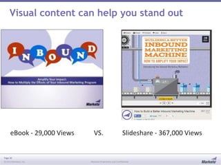 Page 30
© 2013 Marketo, Inc. Marketo Proprietary and Confidential
Visual content can help you stand out
VS.eBook - 29,000 Views Slideshare - 367,000 Views
 
