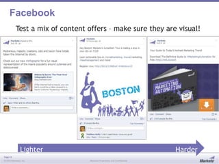 Page 43
© 2013 Marketo, Inc. Marketo Proprietary and Confidential
Facebook
Test a mix of content offers – make sure they are visual!
Lighter Harder
 