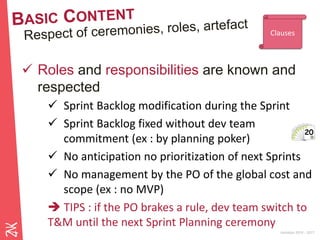 Ambition 2015 - 2017
 Roles and responsibilities are known and
respected
 Sprint Backlog modification during the Sprint
 Sprint Backlog fixed without dev team
commitment (ex : by planning poker)
 No anticipation no prioritization of next Sprints
 No management by the PO of the global cost and
scope (ex : no MVP)
 TIPS : if the PO brakes a rule, dev team switch to
T&M until the next Sprint Planning ceremony
Clauses
 