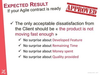 Ambition 2015 - 2017
 The only acceptable dissatisfaction from
the Client should be « the product is not
moving fast enough »
 No surprise about Developed Feature
 No surprise about Remaining Time
 No surprise about Money spent
 No surprise about Quality provided
 