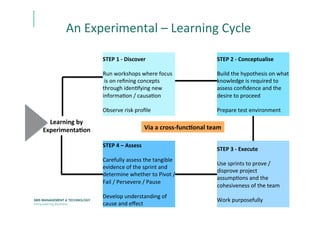 An	
  Experimental	
  –	
  Learning	
  Cycle	
  
STEP	
  4	
  –	
  Assess	
  	
  
	
  
Carefully	
  assess	
  the	
  tangible	
  	
  
evidence	
  of	
  the	
  sprint	
  and	
  	
  
determine	
  whether	
  to	
  Pivot	
  /	
  
Fail	
  /	
  Persevere	
  /	
  Pause	
  
	
  
Develop	
  understanding	
  of	
  	
  
cause	
  and	
  eﬀect	
  
STEP	
  1	
  -­‐	
  Discover	
  
	
  
Run	
  workshops	
  where	
  focus	
  
	
  is	
  on	
  reﬁning	
  concepts	
  	
  
through	
  idenEfying	
  new	
  
informaEon	
  /	
  causaEon	
  
	
  
Observe	
  risk	
  proﬁle	
  	
  
STEP	
  2	
  -­‐	
  Conceptualise	
  
	
  
Build	
  the	
  hypothesis	
  on	
  what	
  
knowledge	
  is	
  required	
  to	
  	
  
assess	
  conﬁdence	
  and	
  the	
  	
  
desire	
  to	
  proceed	
  
	
  
Prepare	
  test	
  environment	
  
STEP	
  3	
  -­‐	
  Execute	
  
	
  
Use	
  sprints	
  to	
  prove	
  /	
  	
  
disprove	
  project	
  	
  
assumpEons	
  and	
  the	
  	
  
cohesiveness	
  of	
  the	
  team	
  
	
  
Work	
  purposefully	
  
Learning	
  by	
  	
  
Experimenta:on	
  	
   Via	
  a	
  cross-­‐func:onal	
  team	
  
 