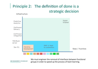 Principle	
  2:	
  	
  	
  The	
  deﬁniEon	
  of	
  done	
  is	
  a	
  	
  	
  
strategic	
  decision	
  
Roles / Functions	
  
Infrastructure	
  
Continuous

Integration	
  
Dev P.C.	
  
Continuous

Delivery	
  
Predictive

Analytics	
  
Iterative 

Development	
  
Digital

Enabled	
  
SME in team 

no automation	
  
TDD/Build 

server

	
  
We	
  must	
  engineer	
  the	
  removal	
  of	
  interfaces	
  between	
  funcEonal	
  
groups	
  in	
  order	
  to	
  speed	
  up	
  the	
  process	
  of	
  team	
  learning.	
  
 