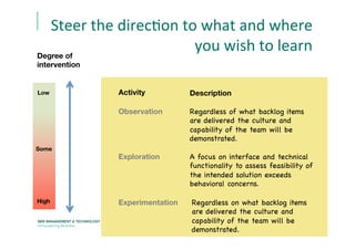 Steer	
  the	
  direcEon	
  to	
  what	
  and	
  where	
  
you	
  wish	
  to	
  learn	
  
Regardless of what backlog items
are delivered the culture and
capability of the team will be
demonstrated.

Experimentation
Degree of 
intervention	
  
Activity	
   Description	
  
High	
  
Some	
  
Low	
  
Exploration
Observation
A focus on interface and technical
functionality to assess feasibility of
the intended solution exceeds
behavioral concerns.

Regardless on what backlog items
are delivered the culture and
capability of the team will be
demonstrated.

 