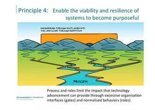 Process	
  and	
  roles	
  limit	
  the	
  impact	
  that	
  technology	
  
advancement	
  can	
  provide	
  through	
  excessive	
  organisaEon	
  
interfaces	
  (gates)	
  and	
  normalised	
  behaviors	
  (roles)	
  	
  
Principle	
  4:	
  	
  	
  Enable	
  the	
  viability	
  and	
  resilience	
  of	
  	
  
systems	
  to	
  become	
  purposeful	
  
 