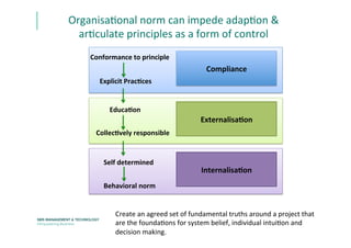 OrganisaEonal	
  norm	
  can	
  impede	
  adapEon	
  &	
  	
  
arEculate	
  principles	
  as	
  a	
  form	
  of	
  control	
  	
  
Compliance	
  
Externalisa:on	
  
Internalisa:on	
  
Conformance	
  to	
  principle	
  	
  
Explicit	
  Prac:ces	
  
Educa:on	
  
Collec:vely	
  responsible	
  
Self	
  determined	
  
Behavioral	
  norm	
  
Create	
  an	
  agreed	
  set	
  of	
  fundamental	
  truths	
  around	
  a	
  project	
  that	
  
are	
  the	
  foundaEons	
  for	
  system	
  belief,	
  individual	
  intuiEon	
  and	
  
decision	
  making.	
  
 