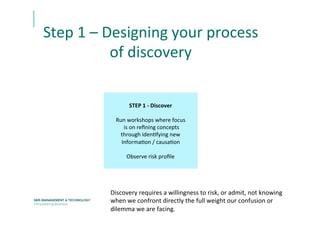 Step	
  1	
  –	
  Designing	
  your	
  process	
  
of	
  discovery	
  
STEP	
  1	
  -­‐	
  Discover	
  
	
  
Run	
  worksh...