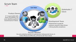 Agile@Core: Scrum11
Agile Software Development
… agilemanifesto.org
Agile Philosophy
• Sistemi complessi e progetti con caratteristiche non lineari e dinamiche;
• Stabilità, accuratezza e predicibilità sono difficili da ottenere nelle fasi iniziali;
• La progettazione big-up front è un’inutile spreco.
Adaptive (Agile) vs. Predictive
• Planning adattativo, rilascio as-soon-as-possible, miglioramenti continui;
• Team autorganizzati e cross-funzionali;
• Risposta veloce al cambiamento.
Iterative vs. Waterfall
• Processi iterativi, incrementali e in continua evoluzione (adattativi);
• Comunicazione face-to-face;
• Ottenimento rapido dei feedback e ciclo di adattamento ridotto;
• Focus sul Valore e sulla Qualità.
 