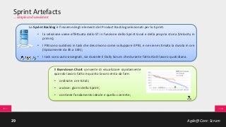 Agile@Core: Scrum29
Sprint Artefacts
… simple and consistent
Lo Sprint Backlog è l'insieme degli elementi del Product Backlog selezionati per lo Sprint:
• la selezione viene effettuata dallo ST in funzione dello Sprint Goal e della propria storia (Velocity in
primis);
• I PBI sono suddivisi in task che descrivono come sviluppare il PBI, e ne viene stimata la durata in ore
(tipicamente da 4h a 16h);
• I task sono auto-assegnati, sia durante il Daily Scrum che durante l’attività di lavoro quotidiana.
Il Burndown Chart consente di visualizzare rapidamente
quando lavoro fatto e quanto lavoro resta da fare:
• ordinate: ore totali;
• ascisse: giorni dello Sprint;
• contiene l’andamento ideale e quello corrente;
 