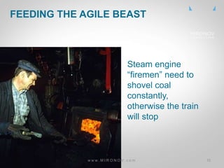 CLICK
TO
EDIT
MASTE
R TITLE
Steam engine
“firemen” need to
shovel coal
constantly,
otherwise the train
will stop
FEEDING THE AGILE BEAST
w w w . M I R O N O V . c o m 10
 