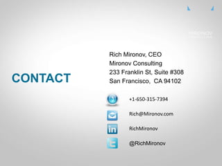 CLICK
TO
EDIT
MASTE
R TITLE
CONTACT
Rich Mironov, CEO
Mironov Consulting
233 Franklin St, Suite #308
San Francisco, CA 94102
RichMironov
@RichMironov
Rich@Mironov.com
+1-650-315-7394
 