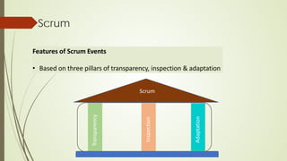 Scrum
Transparency
Inspection
Adaptation
Features of Scrum Events
• Based on three pillars of transparency, inspection & adaptation
Scrum
 