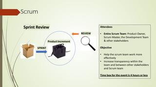Scrum
Sprint Review
Product Increment
SPRINT
REVIEW
Attendees
• Entire Scrum Team: Product Owner,
Scrum Master, the Development Team
& other stakeholders
Objective
• Help the scrum team work more
effectively
• Increase transparency within the
team and between other stakeholders
and Scrum team
Time box for the event is 4 hours or less
 