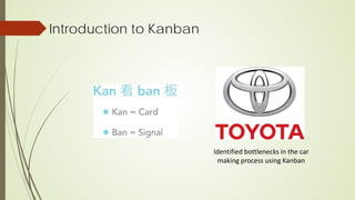 Introduction to Kanban
Identified bottlenecks in the car
making process using Kanban
 