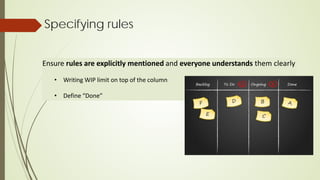 Specifying rules
Ensure rules are explicitly mentioned and everyone understands them clearly
• Writing WIP limit on top of the column
• Define “Done”
 