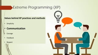 Extreme Programming (XP)
Values behind XP practices and methods
• Simplicity
• Communication
• Courage
• Feedback
• Respect
 