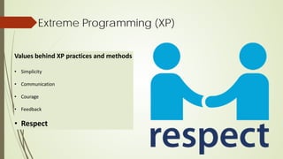 Extreme Programming (XP)
Values behind XP practices and methods
• Simplicity
• Communication
• Courage
• Feedback
• Respect
 