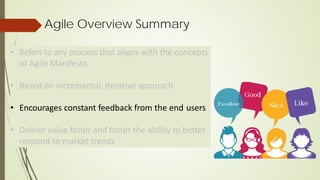 • Refers to any process that aligns with the concepts
of Agile Manifesto
• Based on incremental, iterative approach
• Encourages constant feedback from the end users
• Deliver value faster and foster the ability to better
respond to market trends
Agile Overview Summary
 