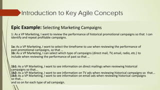 Introduction to Key Agile Concepts
Epic Example: Selecting Marketing Campaigns
1: As a VP Marketing, I want to review the performance of historical promotional campaigns so that I can
identify and repeat profitable campaigns.
1a: As a VP Marketing, I want to select the timeframe to use when reviewing the performance of
past promotional campaigns, so that …
1b: As a VP Marketing, I can select which type of campaigns (direct mail, TV, email, radio, etc.) to
include when reviewing the performance of past so that …
1b1: As a VP Marketing, I want to see information on direct mailings when reviewing historical
campaigns so that...
1b2: As a VP Marketing, I want to see information on TV ads when reviewing historical campaigns so that...
1b3: As a VP Marketing, I want to see information on email ads when reviewing historical campaigns
so that...
and so on for each type of ad campaign.
 