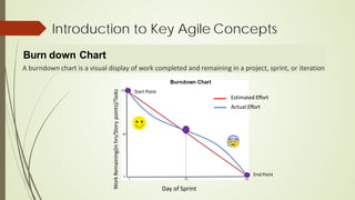 Introduction to Key Agile Concepts
Burn down Chart
A burndown chart is a visual display of work completed and remaining in a project, sprint, or iteration
Day of Sprint
Work
Remaining(in
hrs/Story
points)/Tasks
Estimated Effort
Actual Effort
Start Point
End Point
 