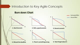 Introduction to Key Agile Concepts
Burn down Chart
1. Ideal Scenario
X
Y
X
2. Still, a goodscenario
Y Y
X
4. Missed the deadline
Y
X
5. There’s somethingwrong
Y
X
6. Team forgot about it
Y
X
3. Decent scenario
Estimated Effort
Actual Effort
 