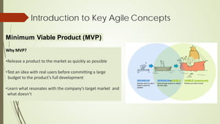 Introduction to Key Agile Concepts
Why MVP?
•Release a product to the market as quickly as possible
•Test an idea with real users before committing a large
budget to the product’s full development
•Learn what resonates with the company’s target market and
what doesn’t
Minimum Viable Product (MVP)
 