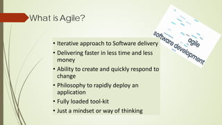 What is Agile?
• Iterative approach to Software delivery
• Delivering faster in less time and less
money
• Ability to create and quickly respond to
change
• Philosophy to rapidly deploy an
application
• Fully loaded tool-kit
• Just a mindset or way of thinking
 