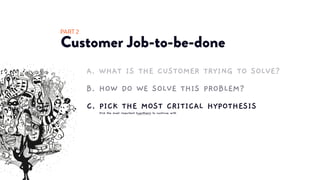 Customer Job-to-be-done
PART 2
C. PICK THE MOST CRITICAL HYPOTHESIS
Pick the most important hypothesis to continue with
B. HOW DO WE SOLVE THIS PROBLEM?
A. WHAT IS THE CUSTOMER TRYING TO SOLVE?
 