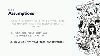 Assumptions
PART 3
A.FOR THE HYPOTHESIS TO BE TRUE, THIS
ASSUMPTION about the customer HAS TO
BE TRUE
C. HOW CAN WE TEST THIS ASSUMPTION?
B. PICK THE MOST CRITICAL
CUSTOMER ASSUMPTION
 
