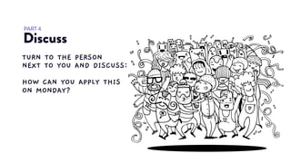 Discuss
PART 4
TURN TO THE PERSON
NEXT TO YOU AND DISCUSS:
HOW CAN YOU APPLY THIS
ON MONDAY?
 