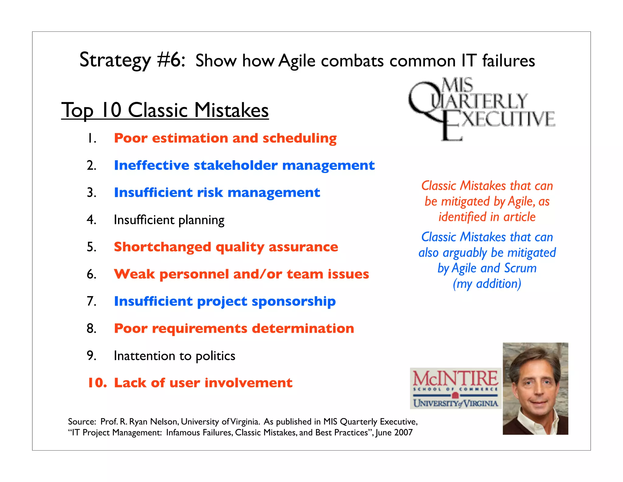 Strategy #6: Show how Agile combats common IT failures

Top 10 Classic Mistakes
    1.      Poor estimation and scheduling
            Poor estimation and scheduling
    2.      Ineffective stakeholder management
            Ineffective stakeholder management
                                                                                                 Classic Mistakes that can
    3.      Insufﬁcient management
            Insufﬁcient riskrisk management
                                                                                                  be mitigated by Agile, as
    4.      Insufﬁcient planning                                                                     identiﬁed in article
                                                                                                 Classic Mistakes that can
    5.      Shortchanged quality assurance
            Shortchanged quality assurance                                                       also arguably be mitigated
    6.      Weak personnel and/or team
            Weak personnel and/or team issues issues                                                 by Agile and Scrum
                                                                                                        (my addition)
    7.      Insufﬁcient project sponsorship
            Insufﬁcient project sponsorship
    8.      Poor requirements determination
            Poor requirements determination
    9.      Inattention to politics
    10. Lack of user involvement
    10. Lack of user involvement

Source: Prof. R. Ryan Nelson, University of Virginia. As published in MIS Quarterly Executive,
“IT Project Management: Infamous Failures, Classic Mistakes, and Best Practices”, June 2007
 