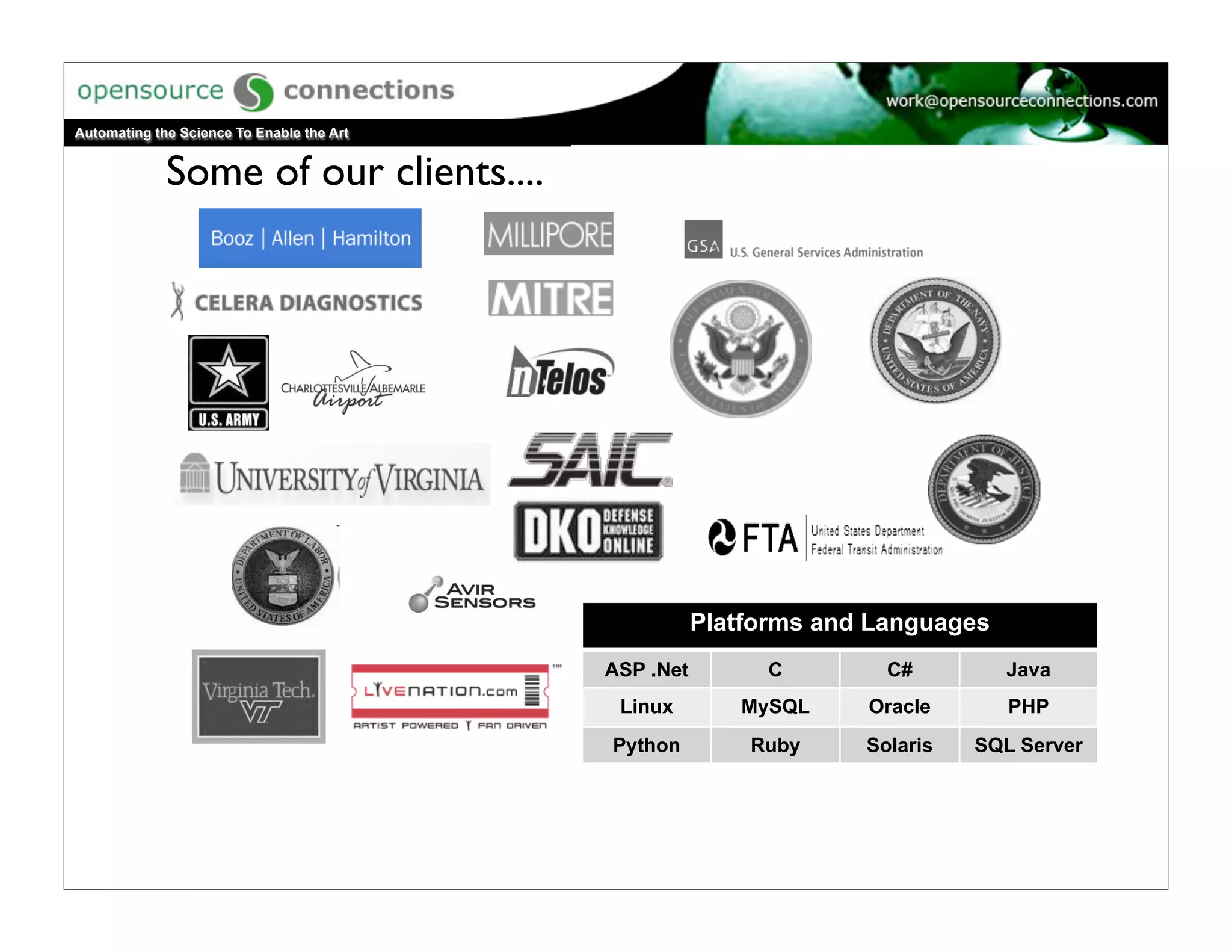 Automating the Science To Enable the Art


             Some of our clients....




                                                      Platforms and Languages
                                           ASP .Net         C        C#         Java
                                            Linux        MySQL     Oracle       PHP
                                           Python         Ruby     Solaris   SQL Server
 