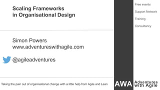 Scaling Frameworks
in Organisational Design
Simon Powers
www.adventureswithagile.com
@agileadventures
Free events
Support Network
Training
Consultancy
Taking the pain out of organisational change with a little help from Agile and Lean
 