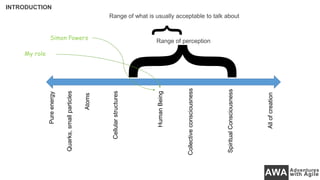 INTRODUCTION
Pureenergy
Quarks,smallparticles
Atoms
HumanBeing
Collectiveconsciousness
Cellularstructures
SpiritualConsciousness
Allofcreation
Range of perception
}
Range of what is usually acceptable to talk about
Simon Powers
My role
 