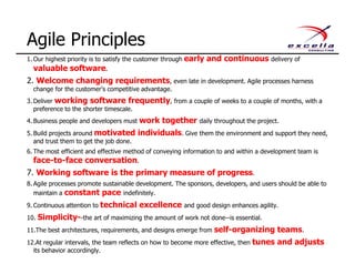1. Our highest priority is to satisfy the customer through early and continuous delivery of
valuable software.
2. Welcome changing requirements, even late in development. Agile processes harness
change for the customer's competitive advantage.
3. Deliver working software frequently, from a couple of weeks to a couple of months, with a
preference to the shorter timescale.
4. Business people and developers must work together daily throughout the project.
5. Build projects around motivated individuals. Give them the environment and support they need,
and trust them to get the job done.
6. The most efficient and effective method of conveying information to and within a development team is
face-to-face conversation.
7. Working software is the primary measure of progress.
8. Agile processes promote sustainable development. The sponsors, developers, and users should be able to
maintain a constant pace indefinitely.
9. Continuous attention to technical excellence and good design enhances agility.
10. Simplicity--the art of maximizing the amount of work not done--is essential.
11.The best architectures, requirements, and designs emerge from self-organizing teams.
12.At regular intervals, the team reflects on how to become more effective, then tunes and adjusts
its behavior accordingly.
Agile Principles
 