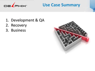 1. Development & QA
2. Recovery
3. Business
Use Case Summary
 