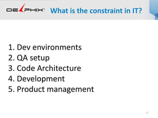 11
1. Dev environments
2. QA setup
3. Code Architecture
4. Development
5. Product management
What is the constraint in IT?
 