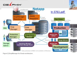 Snap
Manager
SnapManager
Repository
Protection
Manager
Snap Drive
Snap
Manager
Snap Mirror
Flex Clone
RMAN
Repository
Production
Development
DBA
Storage
Admin
1
tr-3761.pdf
Netapp
 