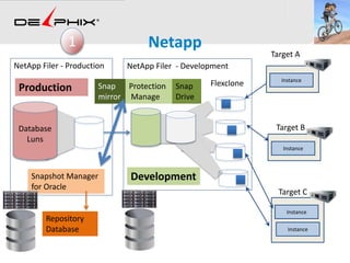 NetApp Filer - DevelopmentNetApp Filer - Production
Database
Luns
Snap
mirror
Snapshot Manager
for Oracle
Flexclone
Repository
Database
Snap
Drive
Protection
Manage
Production
Development
1 Netapp
Target A
Target B
Target C
InstanceInstance
InstanceInstance
InstanceInstance
Instance
 
