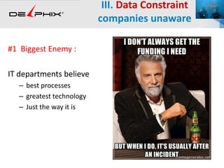 III. Data Constraint
companies unaware
#1 Biggest Enemy :
IT departments believe
– best processes
– greatest technology
– Just the way it is
 