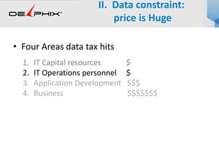 • Four Areas data tax hits
1. IT Capital resources $
2. IT Operations personnel $
3. Application Development $$$
4. Business $$$$$$$
II. Data constraint:
price is Huge
 