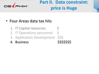 • Four Areas data tax hits
1. IT Capital resources $
2. IT Operations personnel $
3. Application Development $$$
4. Business $$$$$$$
Part II. Data constraint:
price is Huge
 