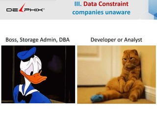 III. Data Constraint
companies unaware
Developer or AnalystBoss, Storage Admin, DBA
 