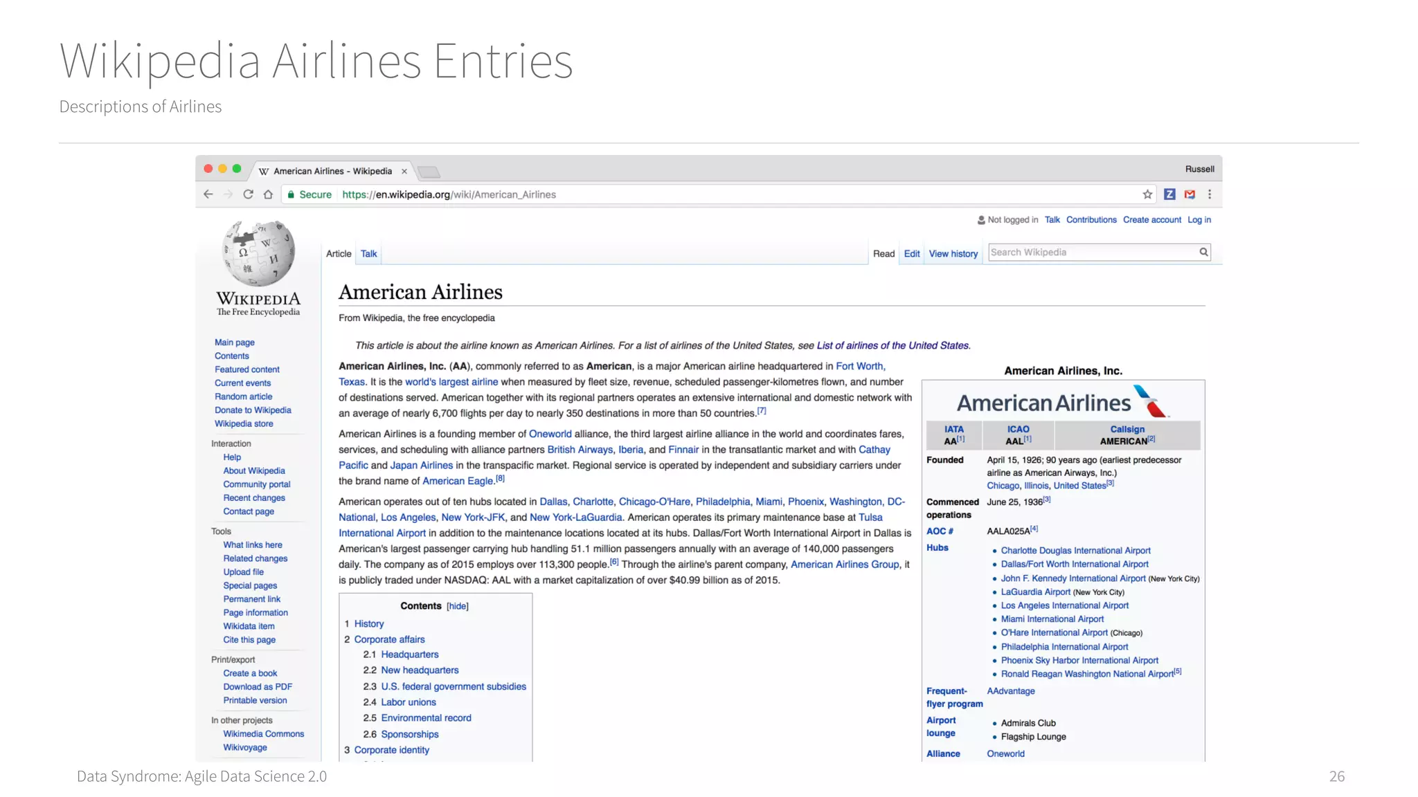 Data Syndrome: Agile Data Science 2.0
Wikipedia Airlines Entries
Descriptions of Airlines
26
 