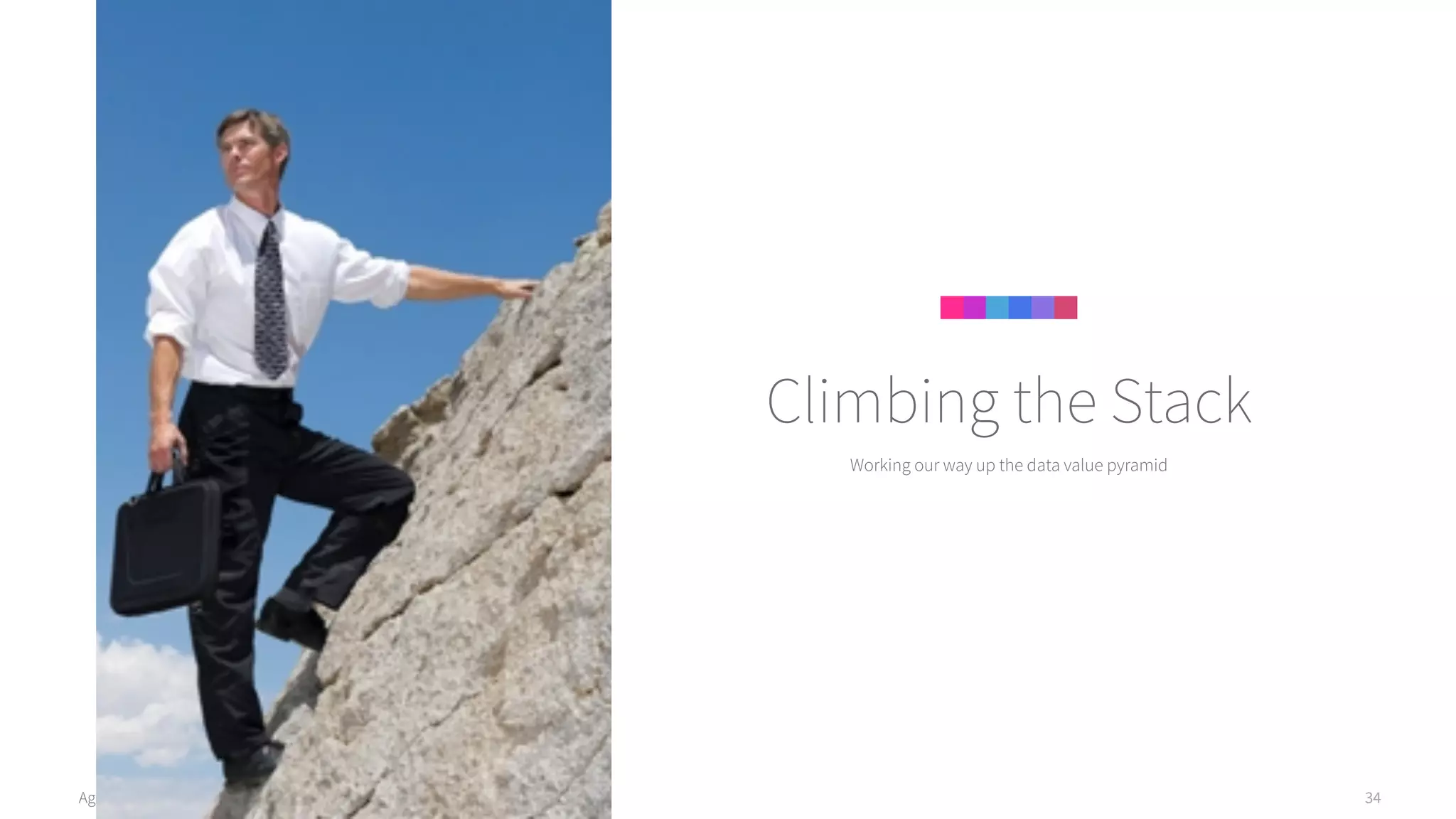 Agile Data Science 2.0 34
Working our way up the data value pyramid
Climbing the Stack
 