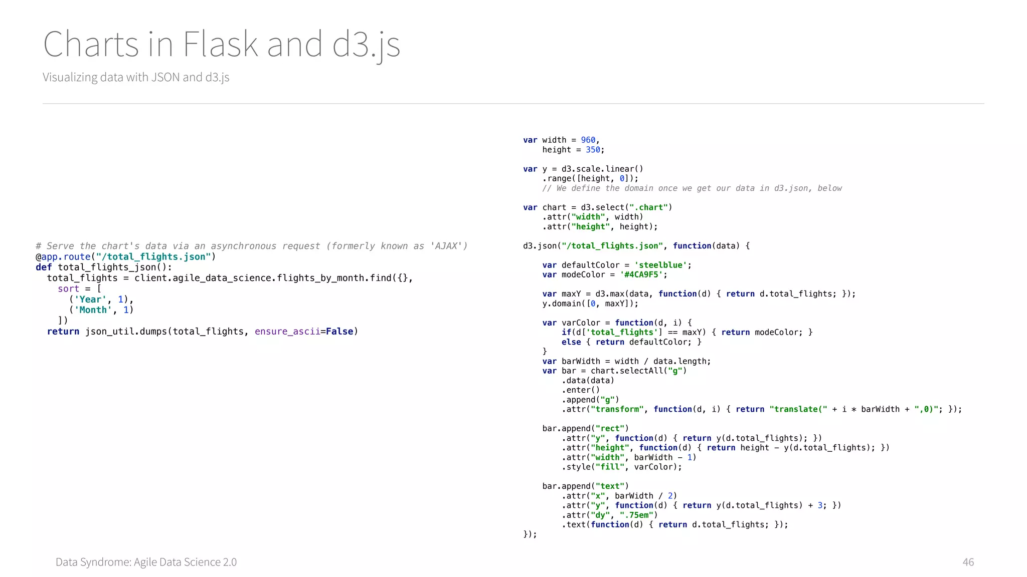 Data Syndrome: Agile Data Science 2.0
Charts in Flask and d3.js
Visualizing data with JSON and d3.js
46
# Serve the chart's data via an asynchronous request (formerly known as 'AJAX') 
@app.route("/total_flights.json") 
def total_flights_json(): 
total_flights = client.agile_data_science.flights_by_month.find({},  
sort = [ 
('Year', 1), 
('Month', 1) 
]) 
return json_util.dumps(total_flights, ensure_ascii=False)
var width = 960, 
height = 350; 
 
var y = d3.scale.linear() 
.range([height, 0]); 
// We define the domain once we get our data in d3.json, below 
 
var chart = d3.select(".chart") 
.attr("width", width) 
.attr("height", height); 
 
d3.json("/total_flights.json", function(data) { 
 
var defaultColor = 'steelblue'; 
var modeColor = '#4CA9F5'; 
 
var maxY = d3.max(data, function(d) { return d.total_flights; }); 
y.domain([0, maxY]); 
 
var varColor = function(d, i) { 
if(d['total_flights'] == maxY) { return modeColor; } 
else { return defaultColor; } 
} 
var barWidth = width / data.length; 
var bar = chart.selectAll("g") 
.data(data) 
.enter() 
.append("g") 
.attr("transform", function(d, i) { return "translate(" + i * barWidth + ",0)"; }); 
 
bar.append("rect") 
.attr("y", function(d) { return y(d.total_flights); }) 
.attr("height", function(d) { return height - y(d.total_flights); }) 
.attr("width", barWidth - 1) 
.style("fill", varColor); 
 
bar.append("text") 
.attr("x", barWidth / 2) 
.attr("y", function(d) { return y(d.total_flights) + 3; }) 
.attr("dy", ".75em") 
.text(function(d) { return d.total_flights; }); 
});
 