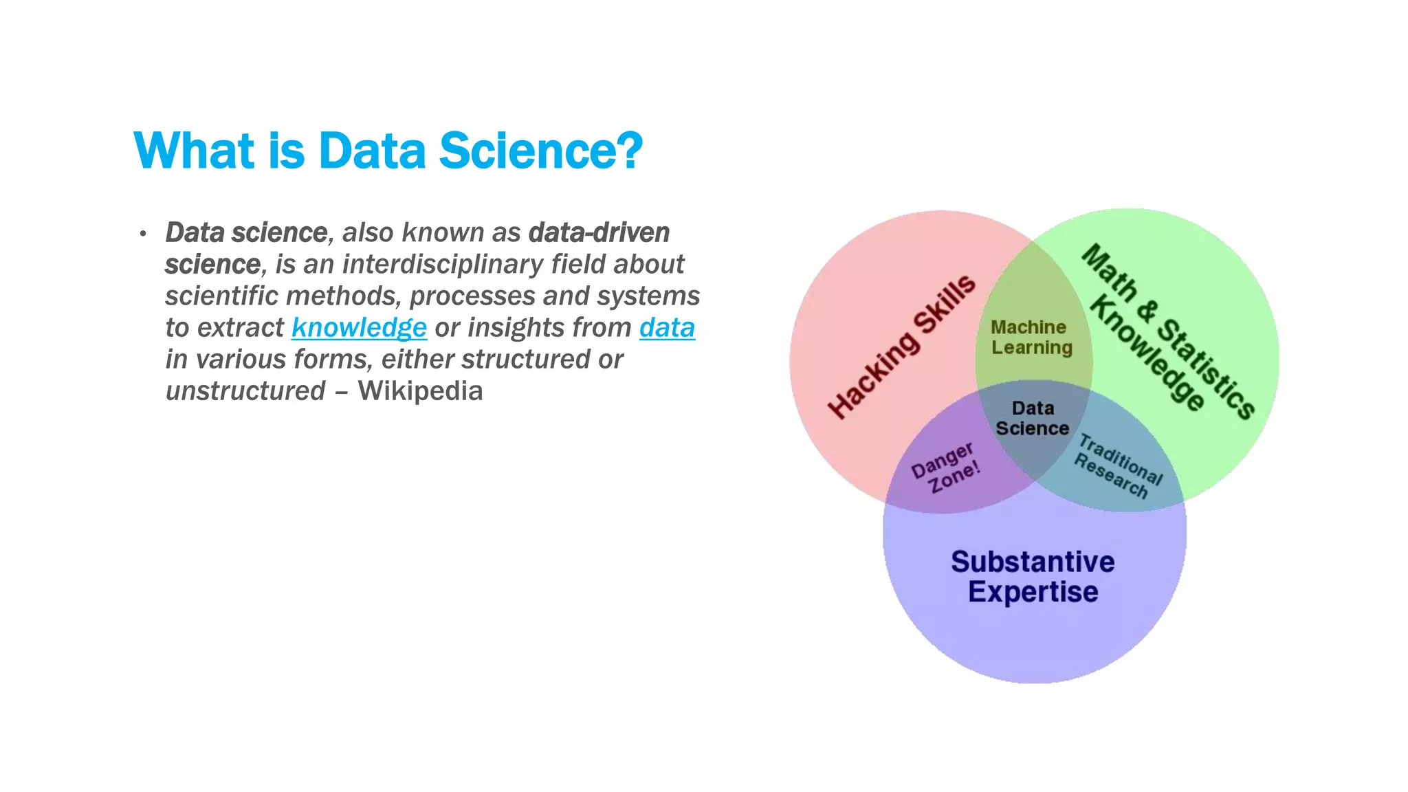 What is Data Science?
• Data science, also known as data-driven
science, is an interdisciplinary field about
scientific methods, processes and systems
to extract knowledge or insights from data
in various forms, either structured or
unstructured – Wikipedia
 