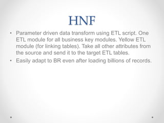 HNF
• Parameter driven data transform using ETL script. One
ETL module for all business key modules. Yellow ETL
module (for linking tables). Take all other attributes from
the source and send it to the target ETL tables.
• Easily adapt to BR even after loading billions of records.
 