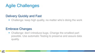 Agile Challenges 
Delivery Quickly and Fast 
 Challenge: keep high quality, no matter who’s doing the work 
Embrace Changes 
 Challenge: don’t introduce bugs. Change the smallest part 
possible. Use automatic Testing to preserve and assure data 
quality. 
 