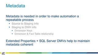 Metadata 
Metadata is needed in order to make automation a 
repeatable process 
 Source to Staging Info 
 Staging to DWH info 
 Dimension Keys 
 Dimension & Fact Table relationship 
Extended Properties + SQL Server DMVs help to maintain 
metadata coherent 
 
